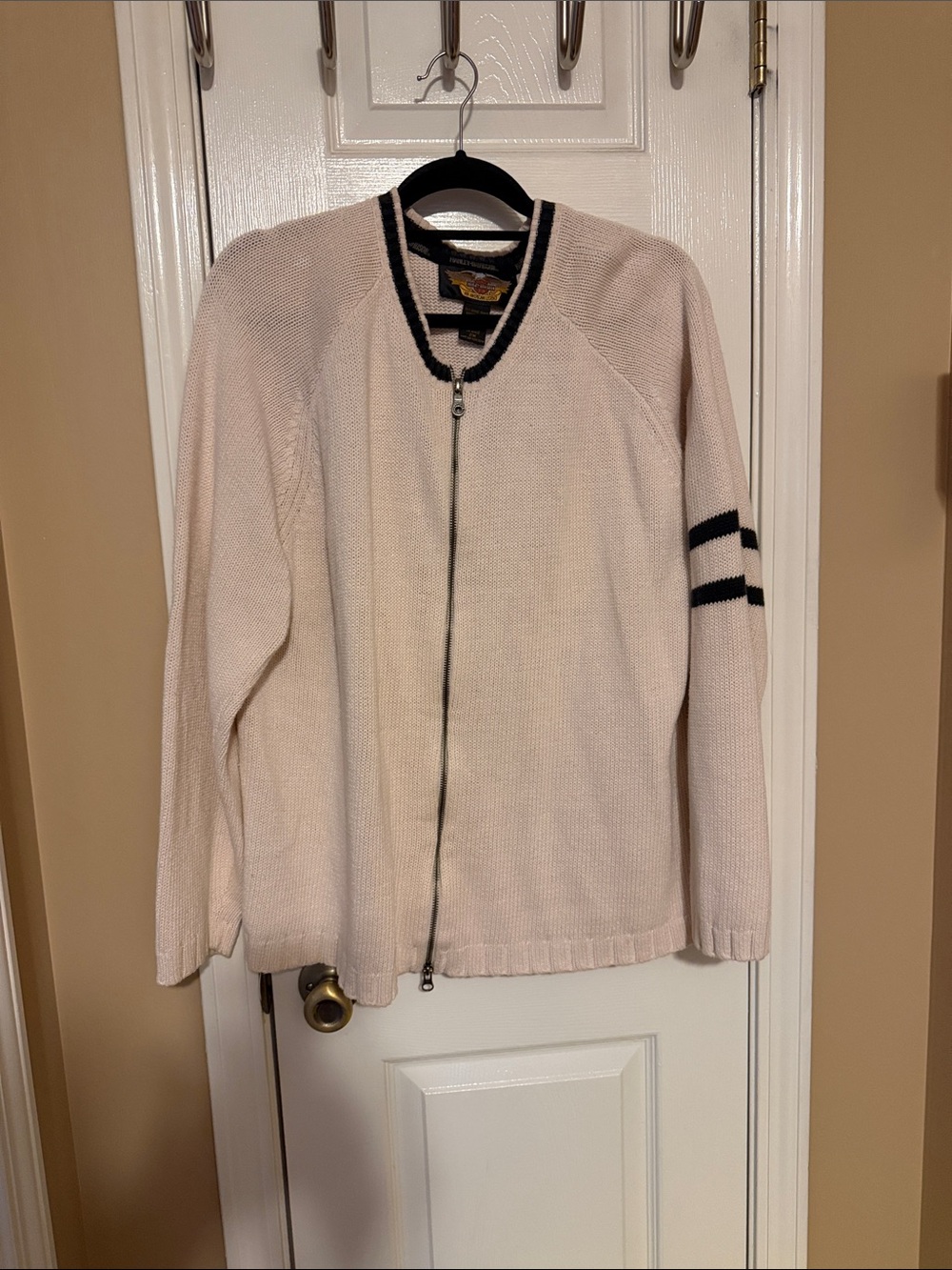 Harley-Davidson Cream and Black Zip Knit Sweater with Patch Logo